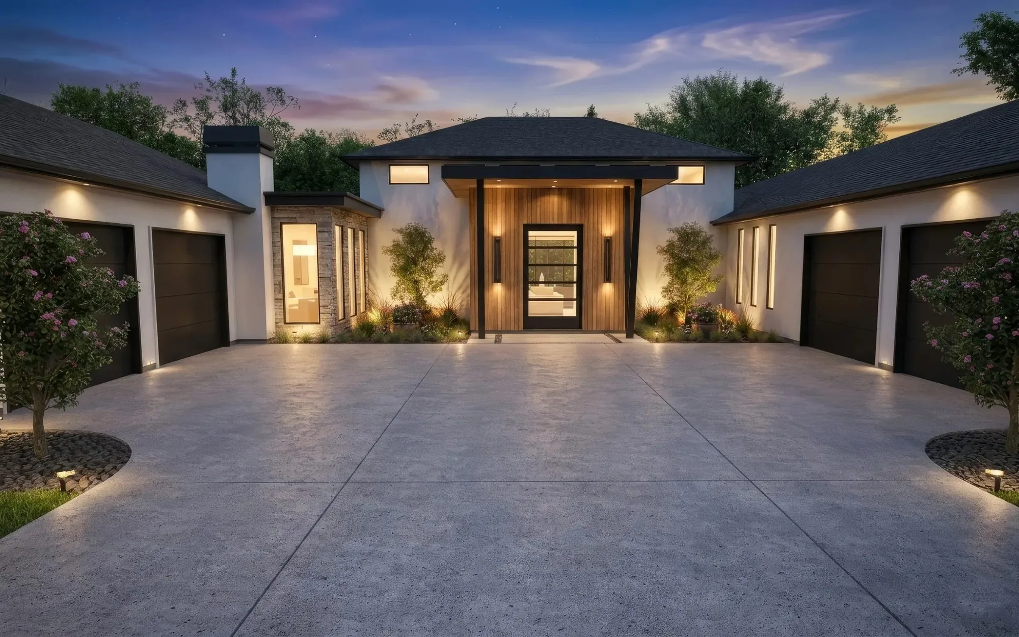 Front entry of a Kingdom Homes custom home lit at dusk