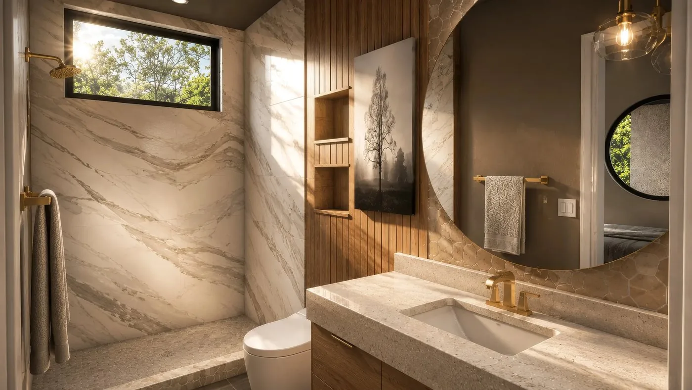 Primary bath with stone walls and a walk-in shower