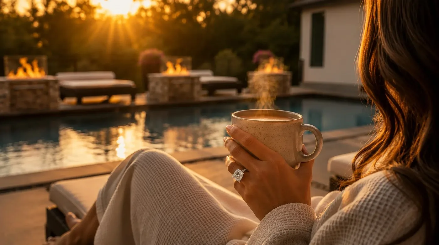 Poolside seating with fire bowls at sunrise